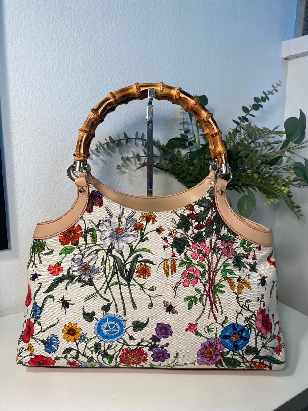 GUCCI Floral Dual Handle Bamboo Canvas/Leather Satchel